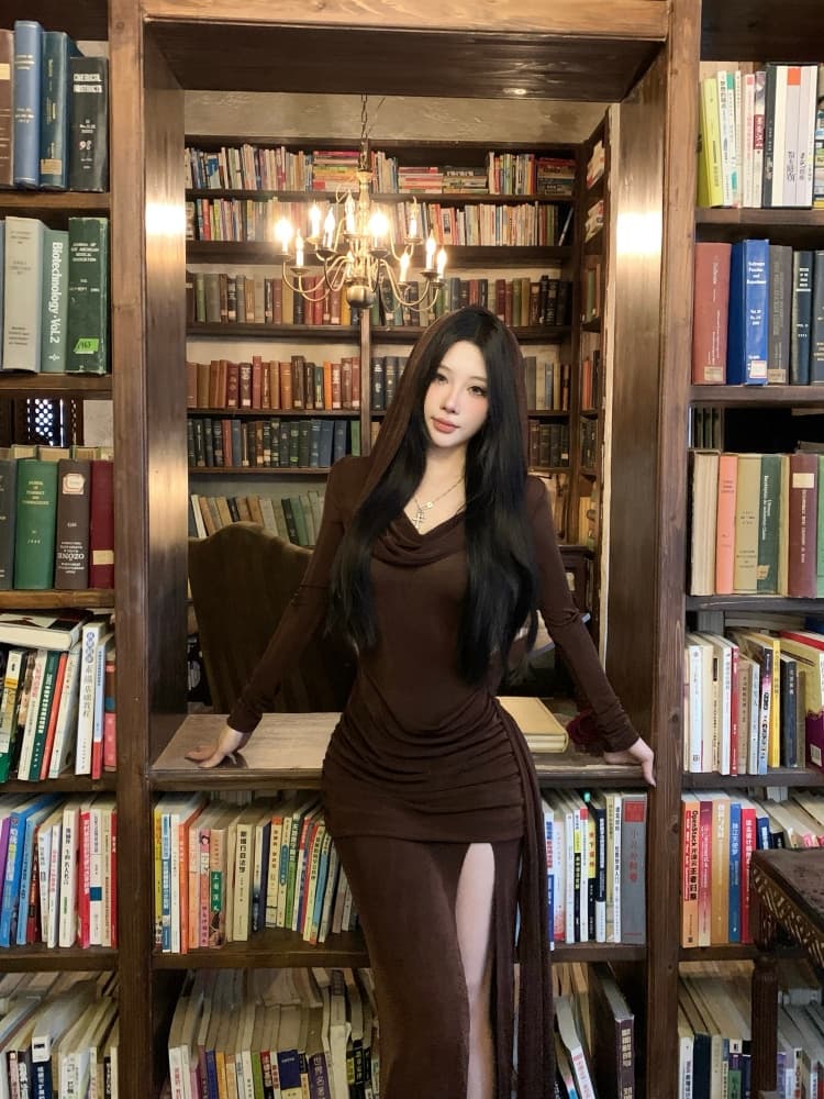실사 아름다움 라드. 레트로 불모지 바람 후드 긴팔 드레스 주름 허리 수축 높음 트임 도루 센스 슬림해 보이는 롱 스커트 상세 이미지 11