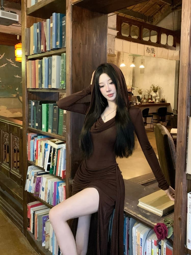 실사 아름다움 라드. 레트로 불모지 바람 후드 긴팔 드레스 주름 허리 수축 높음 트임 도루 센스 슬림해 보이는 롱 스커트 상세 이미지 16