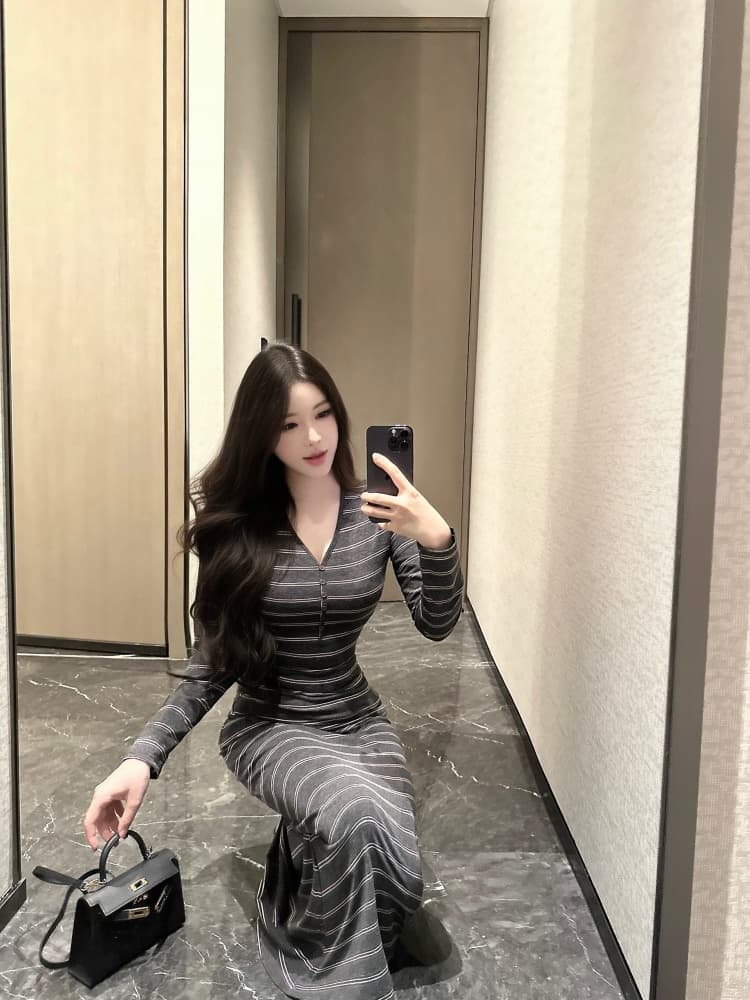 실사 한 부서 스트라이프 여성 드레스 가을 허리 수축 몸매 가꾸기 긴팔 V넥 치마 타이트 타이트 스커트 롱 스커트 상세 이미지 1