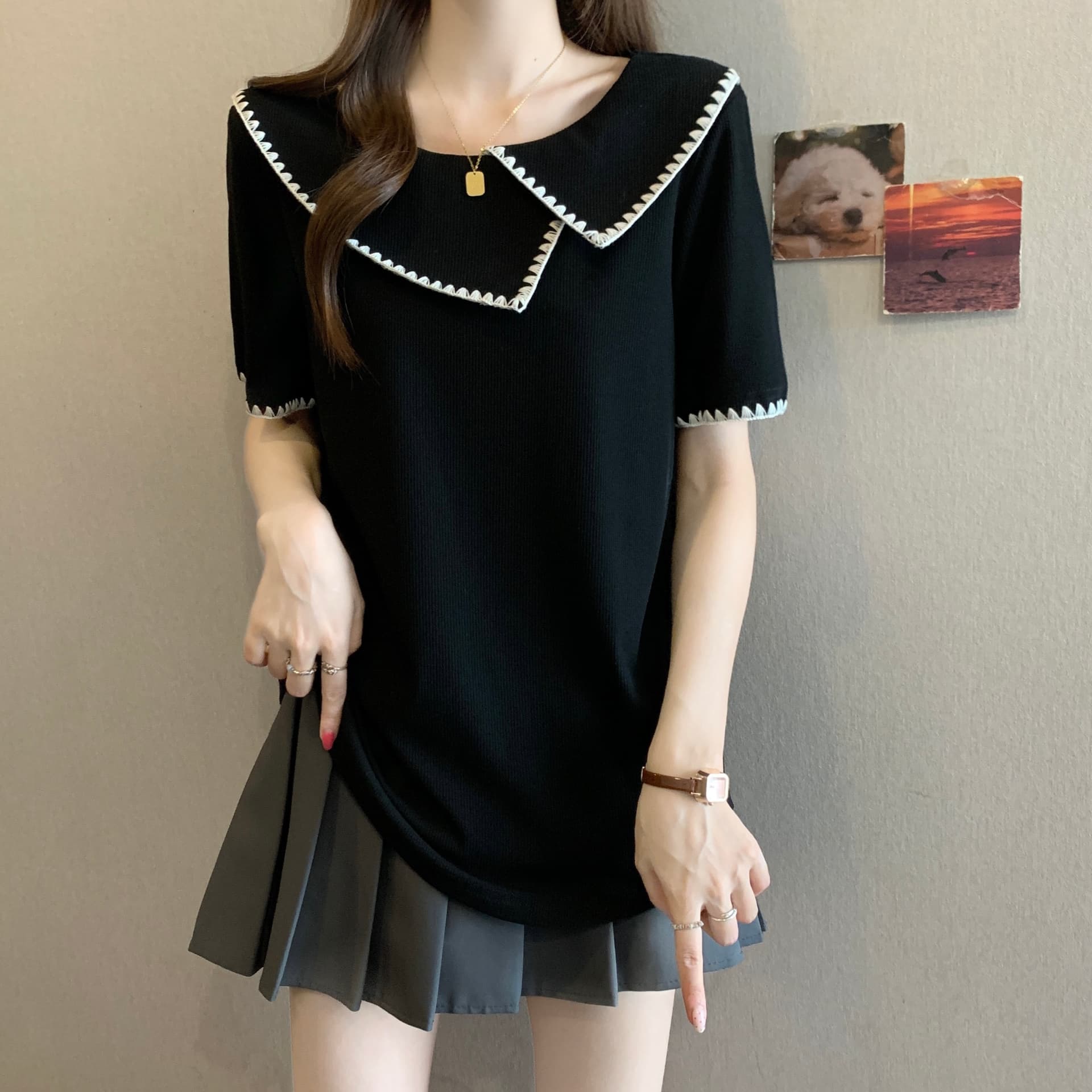 빅 사이즈 2026 여름 새로운 지방 mm 폴로 칼라 Chic 디자인 센스 불규칙 연령 감소 다용도 표지 고기 슬림해 보이는 티셔츠 상세 이미지 3