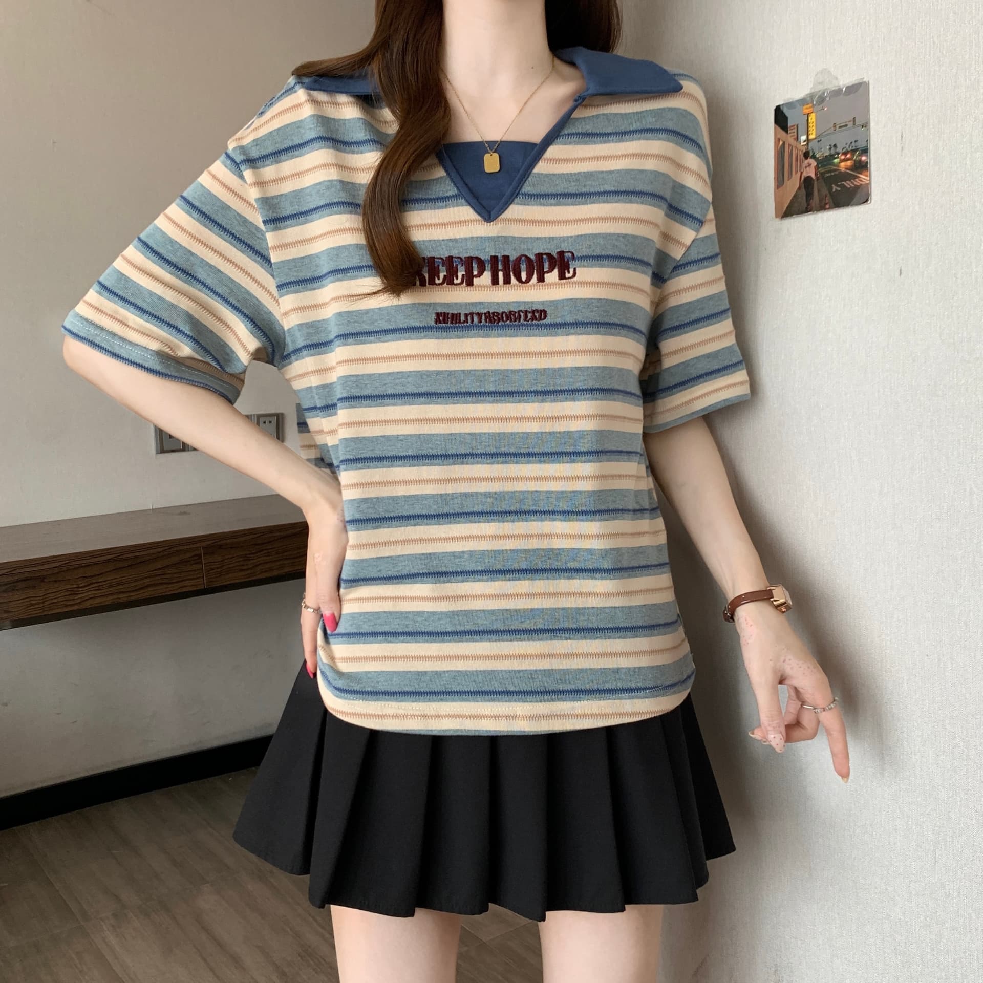 여름 새로운 지방 mm 배색 스트라이프 POLO 칼라 디자인 센스 슬림해 보이는 캐주얼 다용도 루즈핏 표지 고기 반팔 맨위 이미지 5