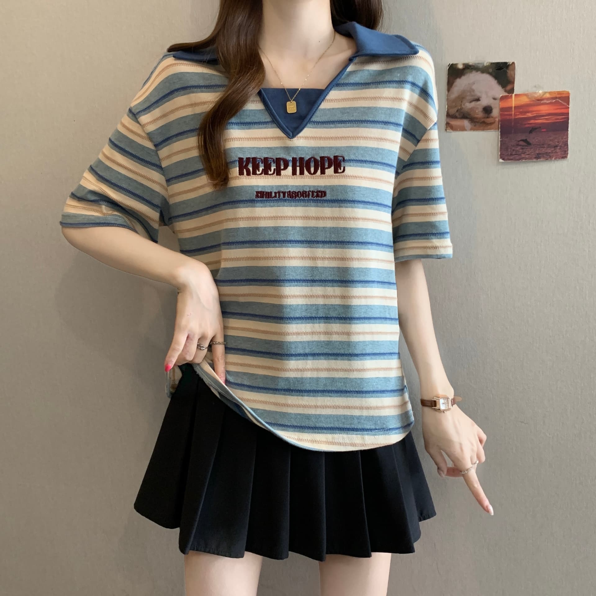 여름 새로운 지방 mm 배색 스트라이프 POLO 칼라 디자인 센스 슬림해 보이는 캐주얼 다용도 루즈핏 표지 고기 반팔 맨위 상세 이미지 2