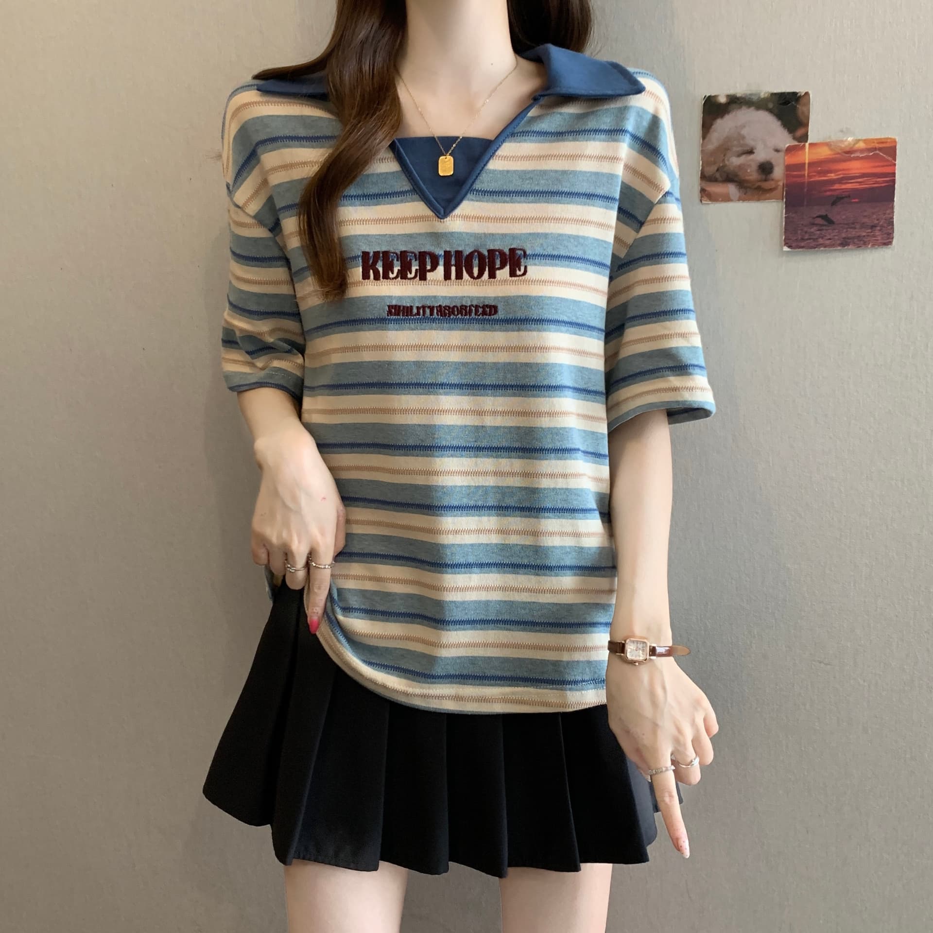 여름 새로운 지방 mm 배색 스트라이프 POLO 칼라 디자인 센스 슬림해 보이는 캐주얼 다용도 루즈핏 표지 고기 반팔 맨위 상세 이미지 3