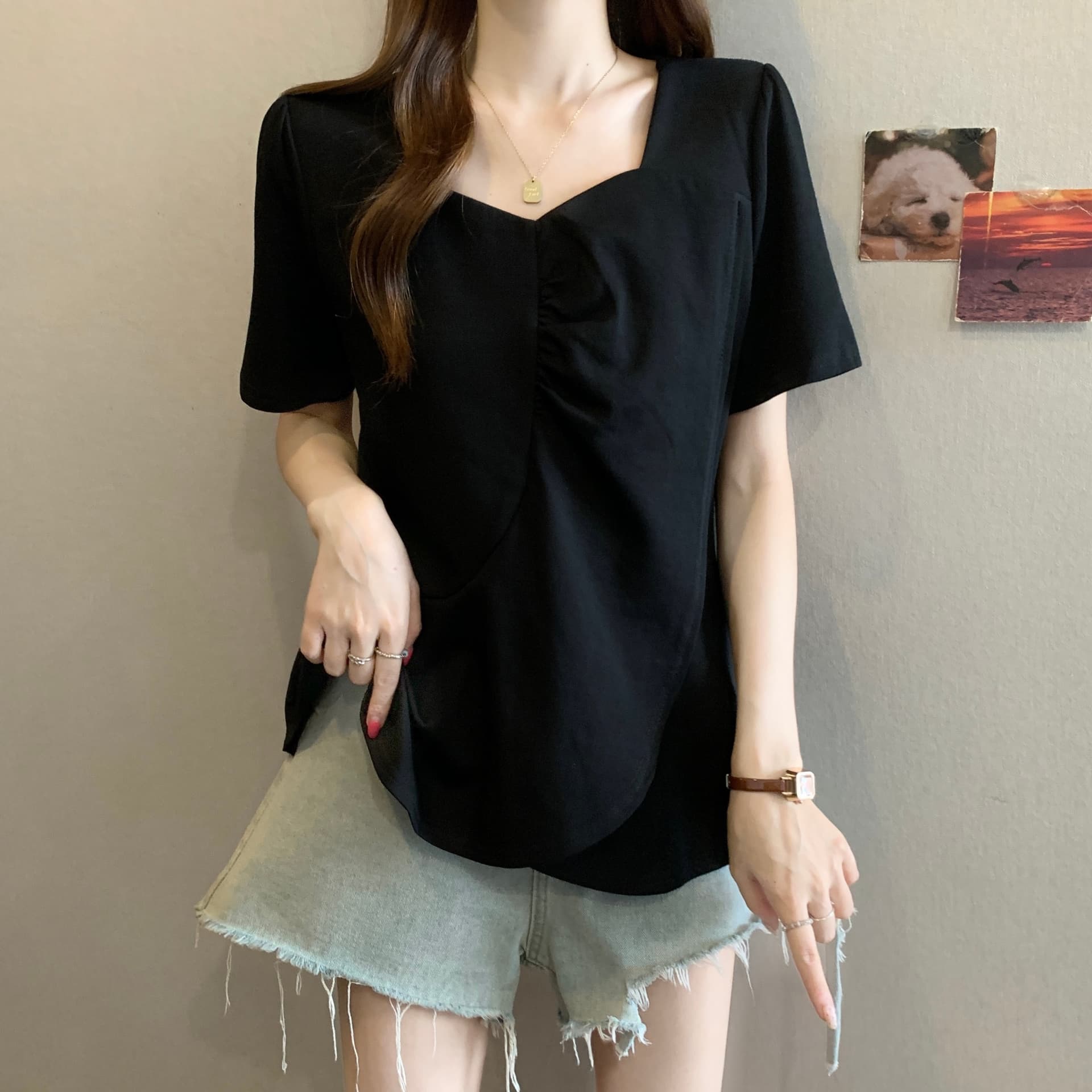 빅 사이즈 여름 새로운 지방 mm 광장 칼라 프릴 디자인 센스 불규칙 표지 고기 슬림해 보이는 다용도 긍정적 인 어깨 티셔츠 여성 상세 이미지 13