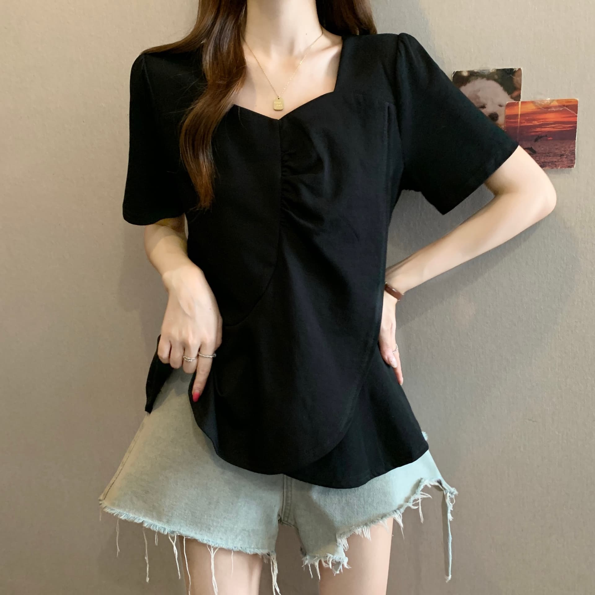 빅 사이즈 여름 새로운 지방 mm 광장 칼라 프릴 디자인 센스 불규칙 표지 고기 슬림해 보이는 다용도 긍정적 인 어깨 티셔츠 여성 상세 이미지 14