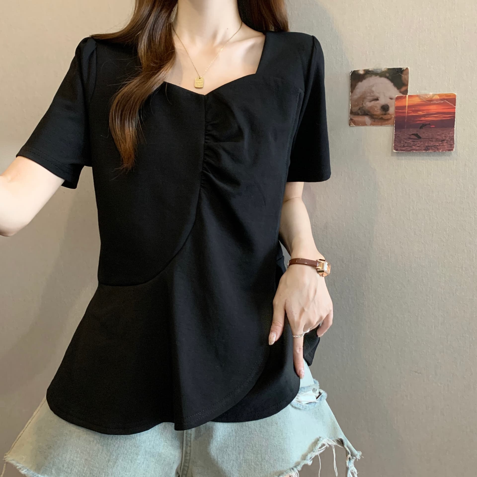 빅 사이즈 여름 새로운 지방 mm 광장 칼라 프릴 디자인 센스 불규칙 표지 고기 슬림해 보이는 다용도 긍정적 인 어깨 티셔츠 여성 상세 이미지 15