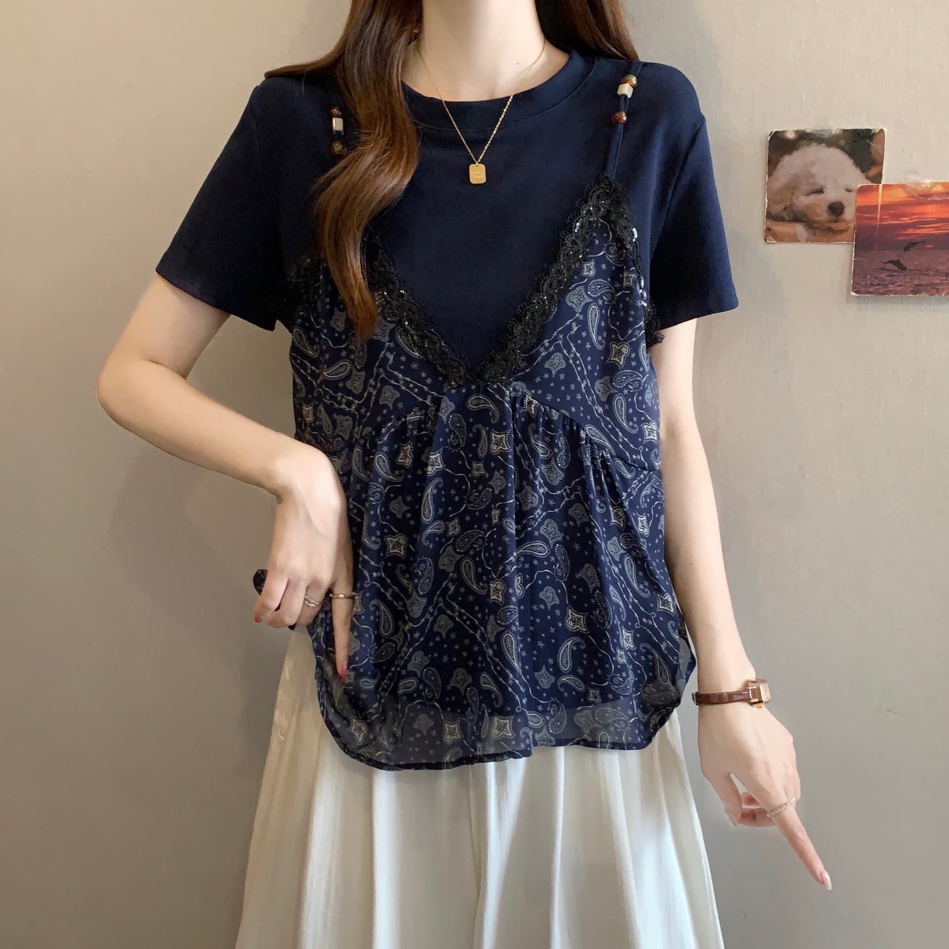 여름 새로운 지방 mm 라운드 넥 패션 연령 감소 쿠이 후아 슬립 패치워크 디자인 센스 표지 고기 슬림해 보이는 페이크 레이어드 맨위 이미지 2