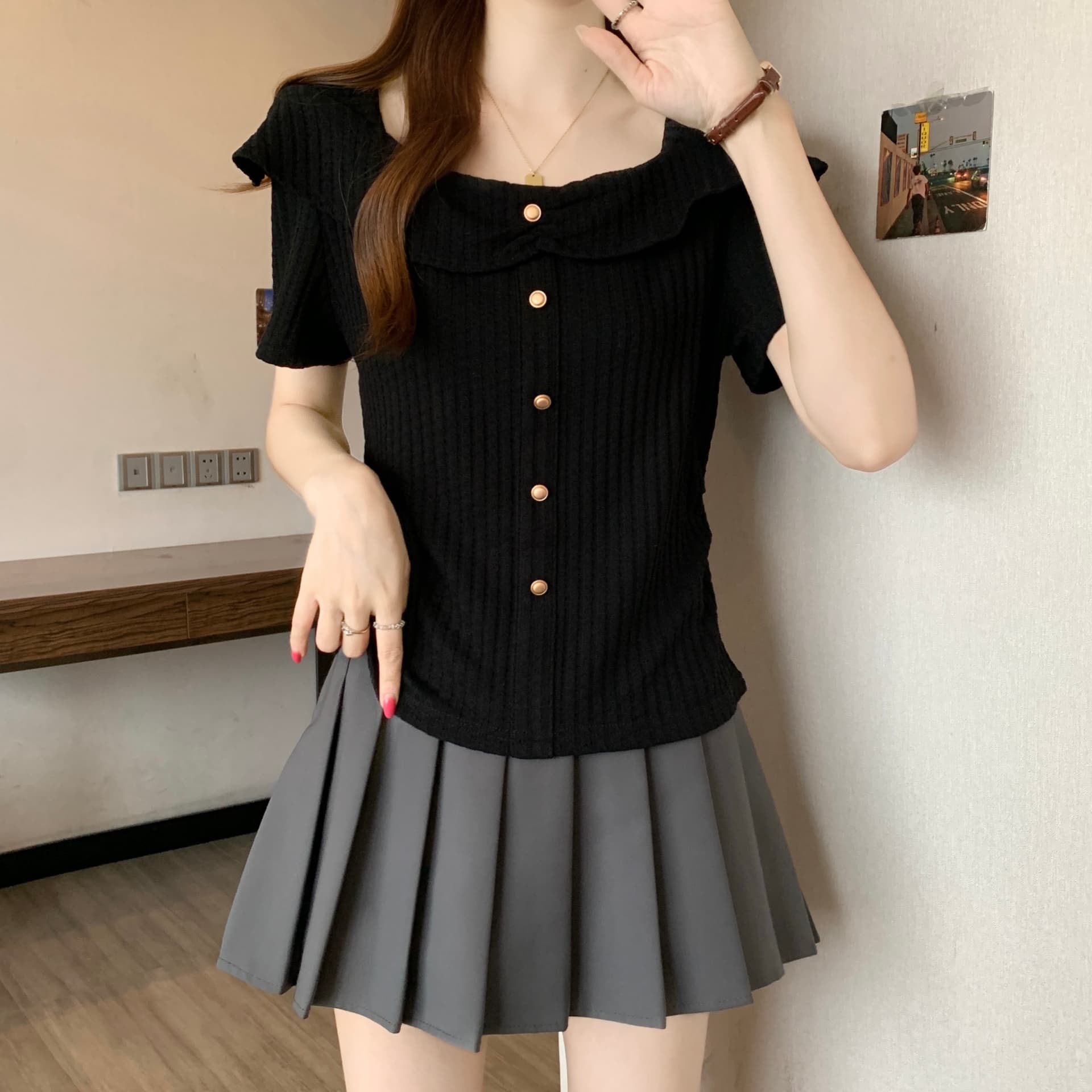 빅 사이즈 여름 새로운 지방 mm 검정색 광장 칼라 프랑스식 프릴 디자인 센스 슬림해 보이는 다용도 고유 한 아름다운 맨위 이미지 6