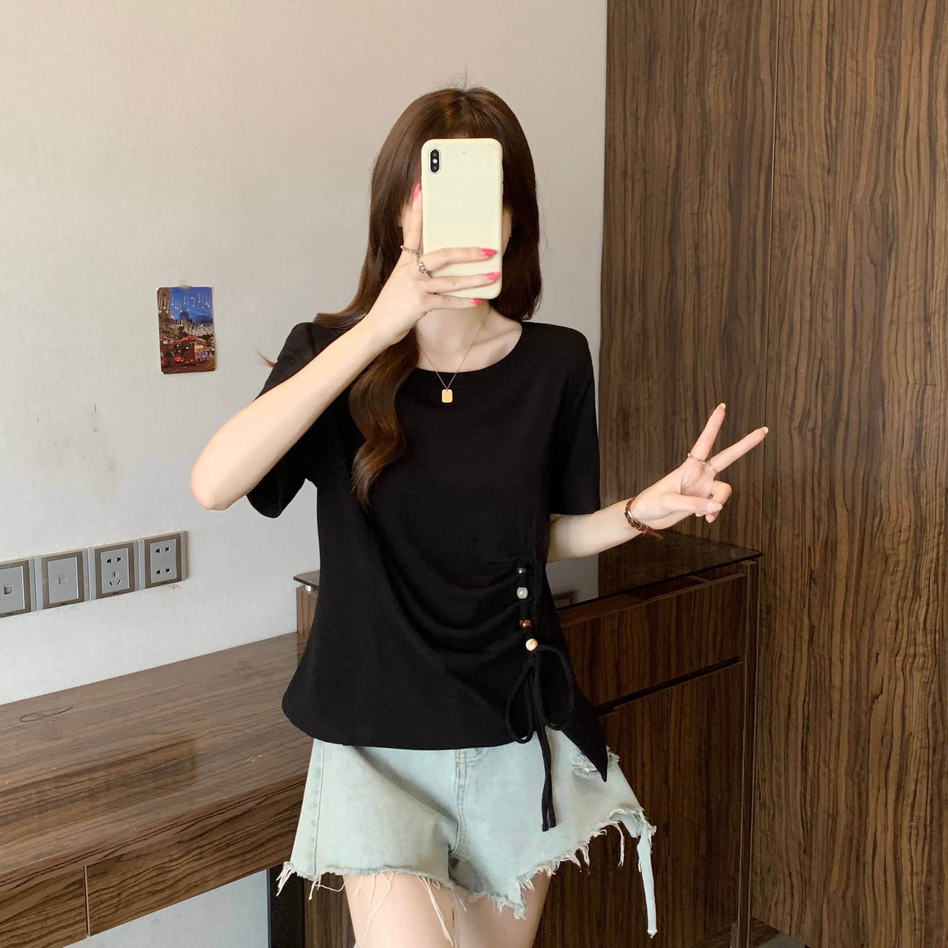 빅 사이즈 여름 새로운 지방 mm 라운드 넥 검정색 비즈 펌프 로프 주름 디자인 센스 불규칙 표지 고기 슬림해 보이는 맨위 상세 이미지 11
