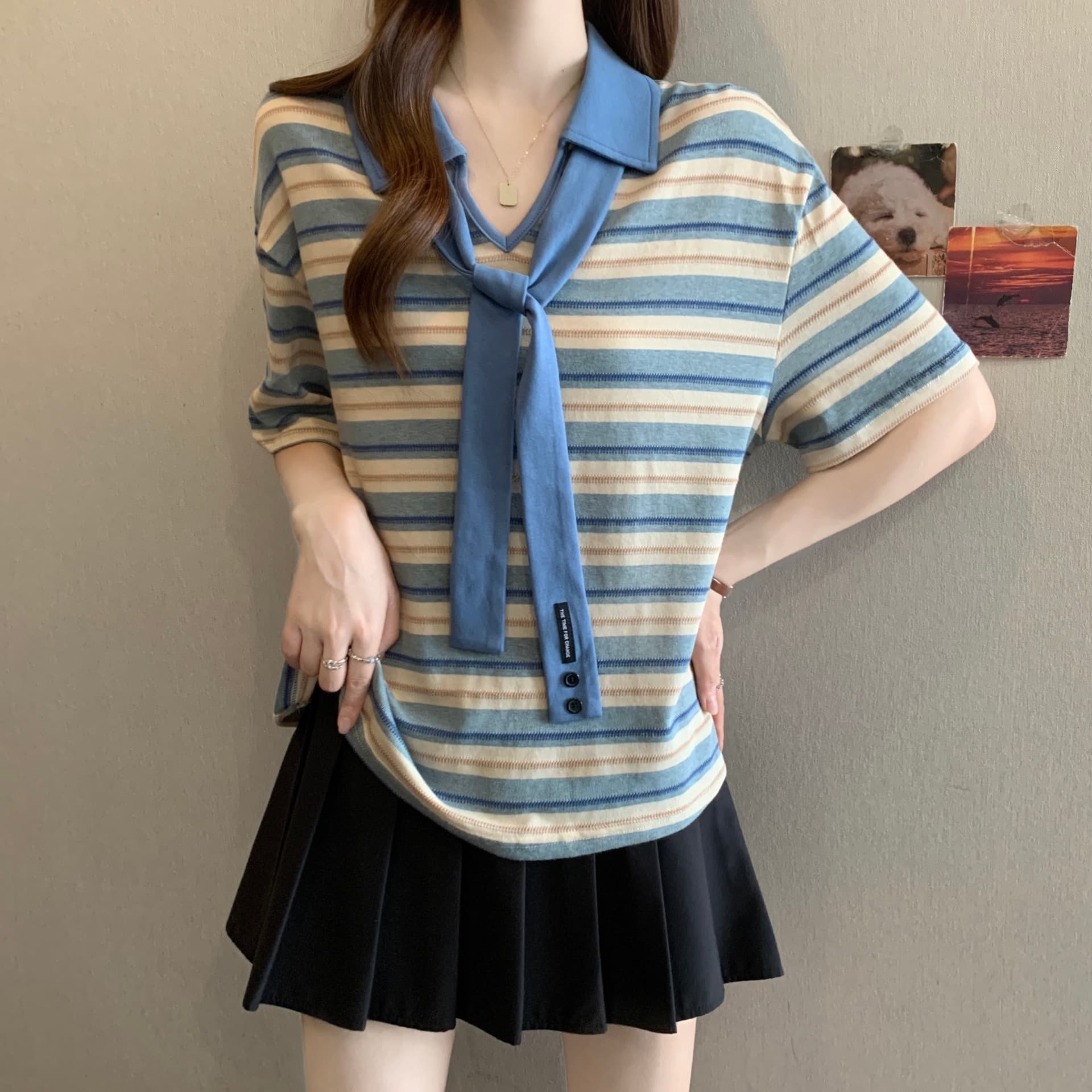 여름 새로운 지방 mm 스트라이프 배색 POLO 칼라 레이스업 디자인 센스 연령 감소 슬림해 보이는 다용도 고유 한 아름다운 맨위 상세 이미지 4