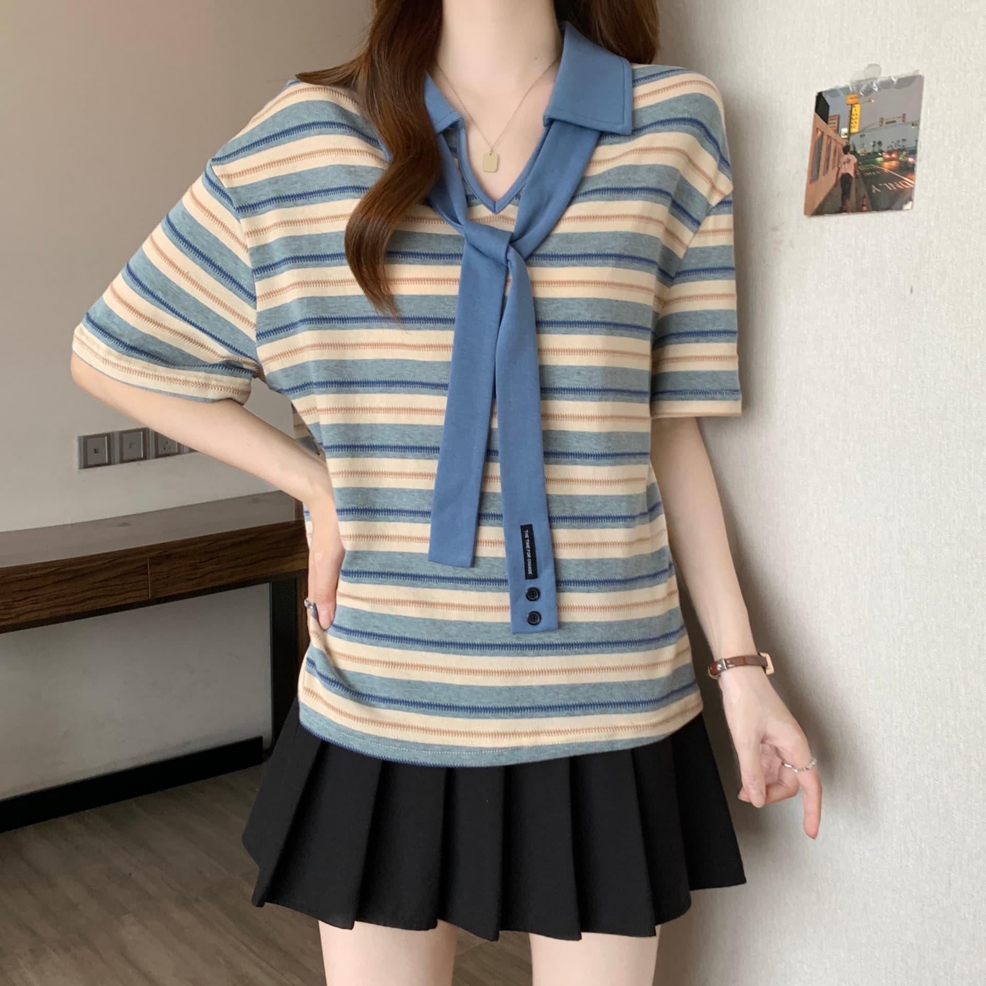 여름 새로운 지방 mm 스트라이프 배색 POLO 칼라 레이스업 디자인 센스 연령 감소 슬림해 보이는 다용도 고유 한 아름다운 맨위 상세 이미지 5