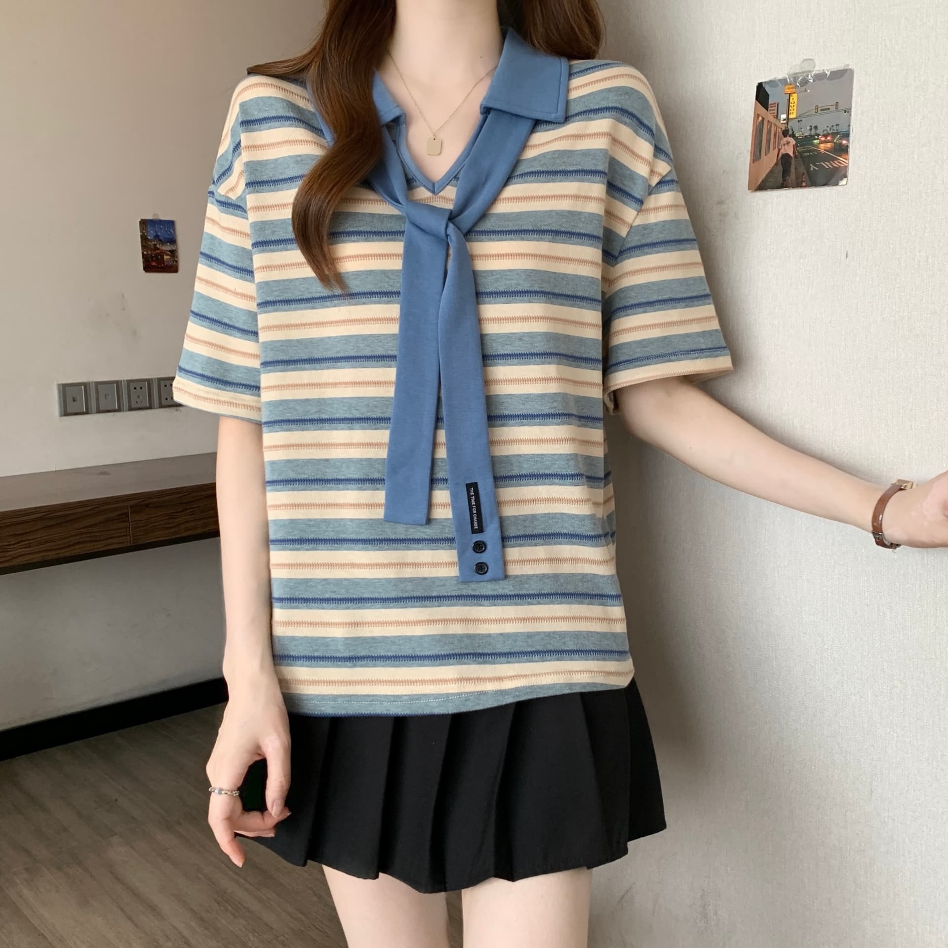 여름 새로운 지방 mm 스트라이프 배색 POLO 칼라 레이스업 디자인 센스 연령 감소 슬림해 보이는 다용도 고유 한 아름다운 맨위 상세 이미지 6