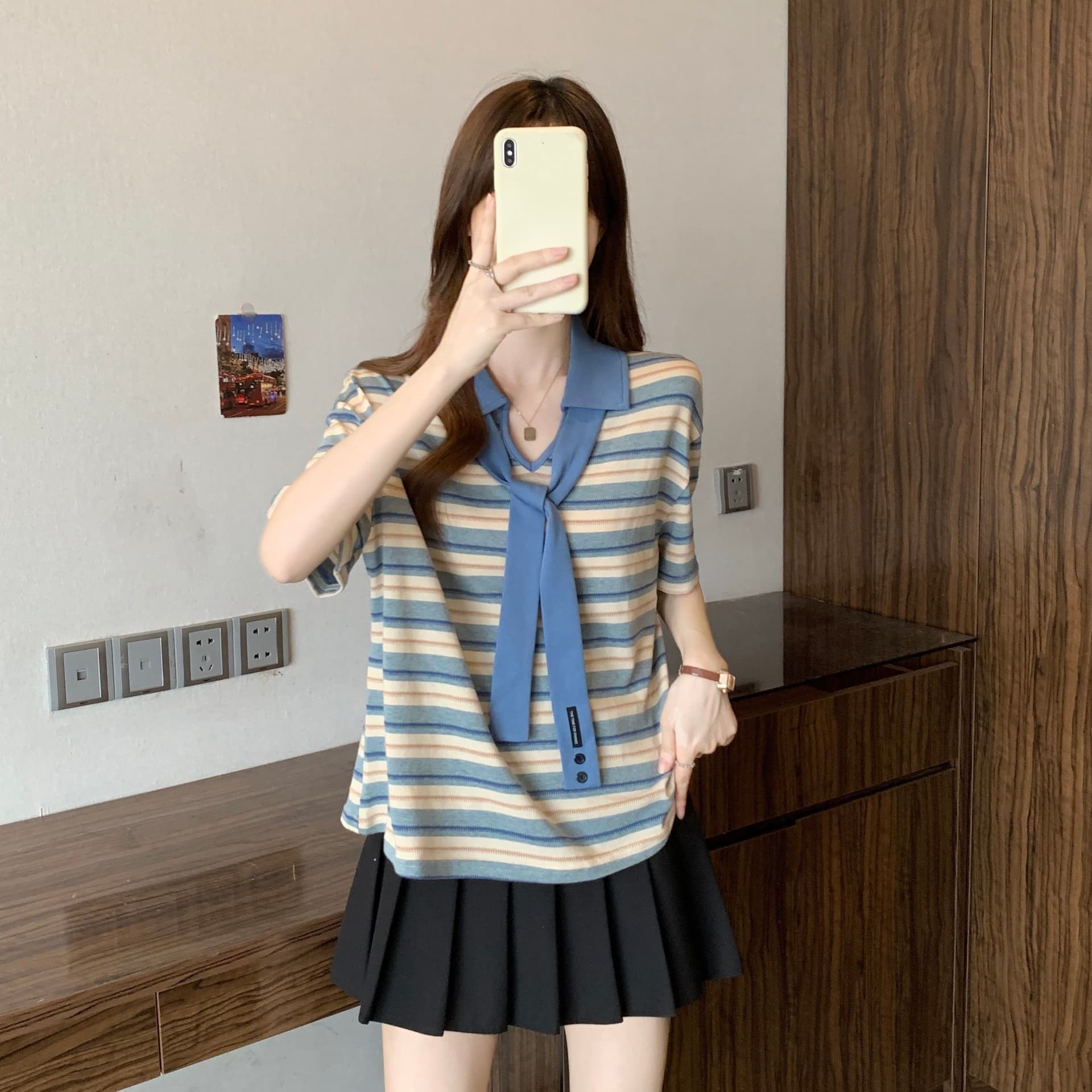 여름 새로운 지방 mm 스트라이프 배색 POLO 칼라 레이스업 디자인 센스 연령 감소 슬림해 보이는 다용도 고유 한 아름다운 맨위 상세 이미지 11