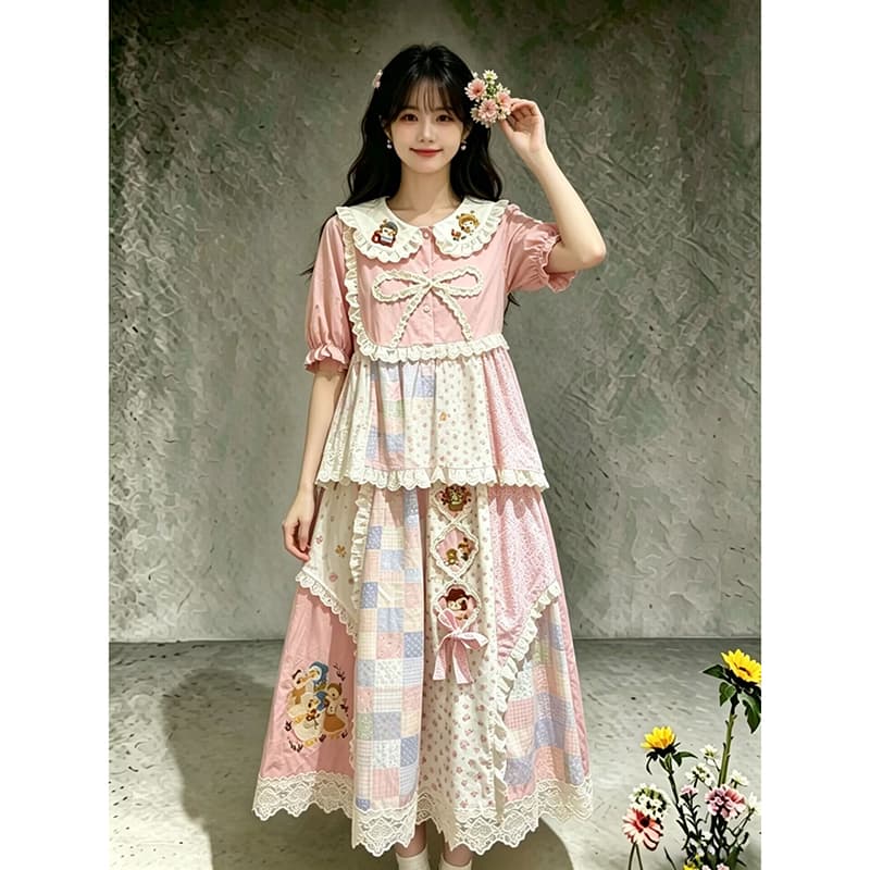 센 부서 소녀 전원 바람 핑크색 꽃무늬 레트로 패치워크 베이비 칼라 셔츠 여름 부드러운 망사 레이스 반신 이미지 2