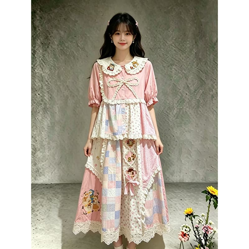 센 부서 소녀 전원 바람 핑크색 꽃무늬 레트로 패치워크 베이비 칼라 셔츠 여름 부드러운 망사 레이스 반신 이미지 4
