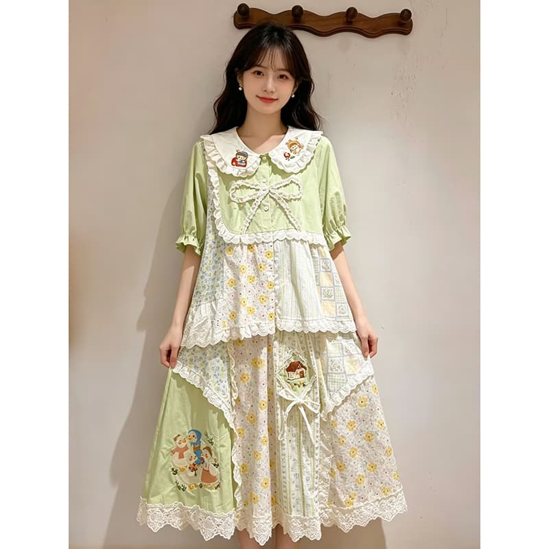 센 부서 소녀 전원 바람 핑크색 꽃무늬 레트로 패치워크 베이비 칼라 셔츠 여름 부드러운 망사 레이스 반신 상세 이미지 1