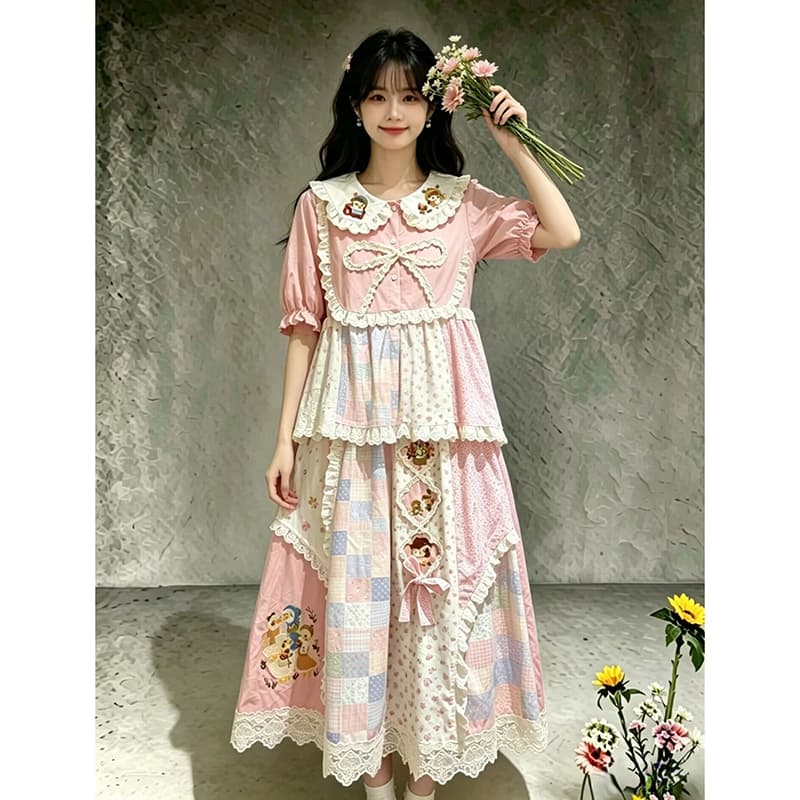 센 부서 소녀 전원 바람 핑크색 꽃무늬 레트로 패치워크 베이비 칼라 셔츠 여름 부드러운 망사 레이스 반신 상세 이미지 2