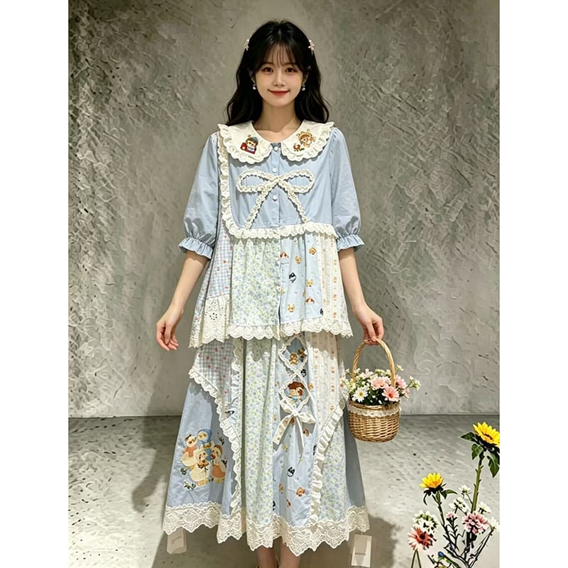 센 부서 소녀 전원 바람 핑크색 꽃무늬 레트로 패치워크 베이비 칼라 셔츠 여름 부드러운 망사 레이스 반신 상세 이미지 3