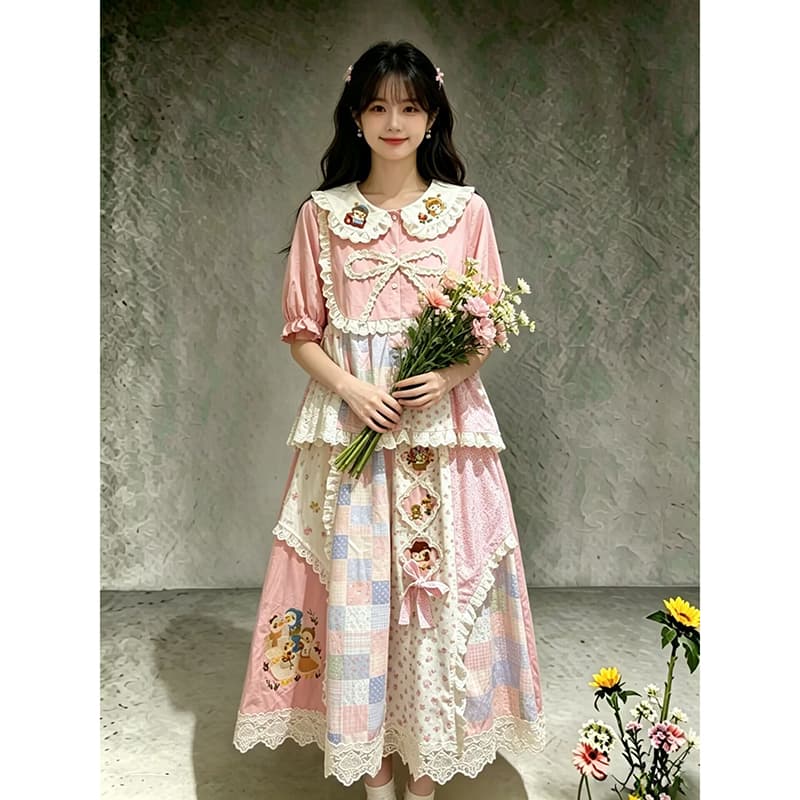센 부서 소녀 전원 바람 핑크색 꽃무늬 레트로 패치워크 베이비 칼라 셔츠 여름 부드러운 망사 레이스 반신 상세 이미지 4