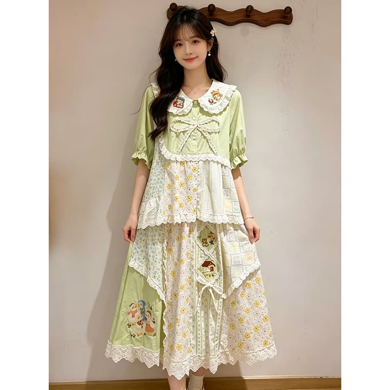 센 부서 소녀 전원 바람 핑크색 꽃무늬 레트로 패치워크 베이비 칼라 셔츠 여름 부드러운 망사 레이스 반신 상세 이미지 6