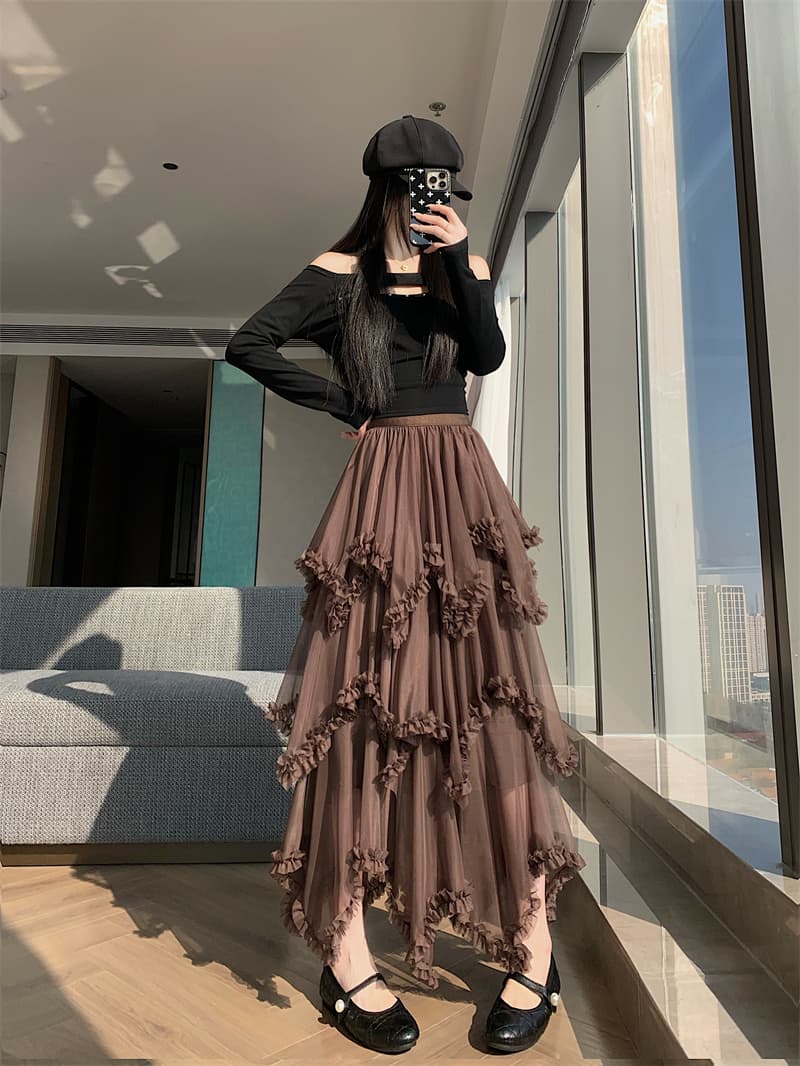지금 실사 정가 불규칙 패치워크 A라인 스커트 프릴 망사 반신 스커트 다용도 슬림해 보이는 치마 상세 이미지 17