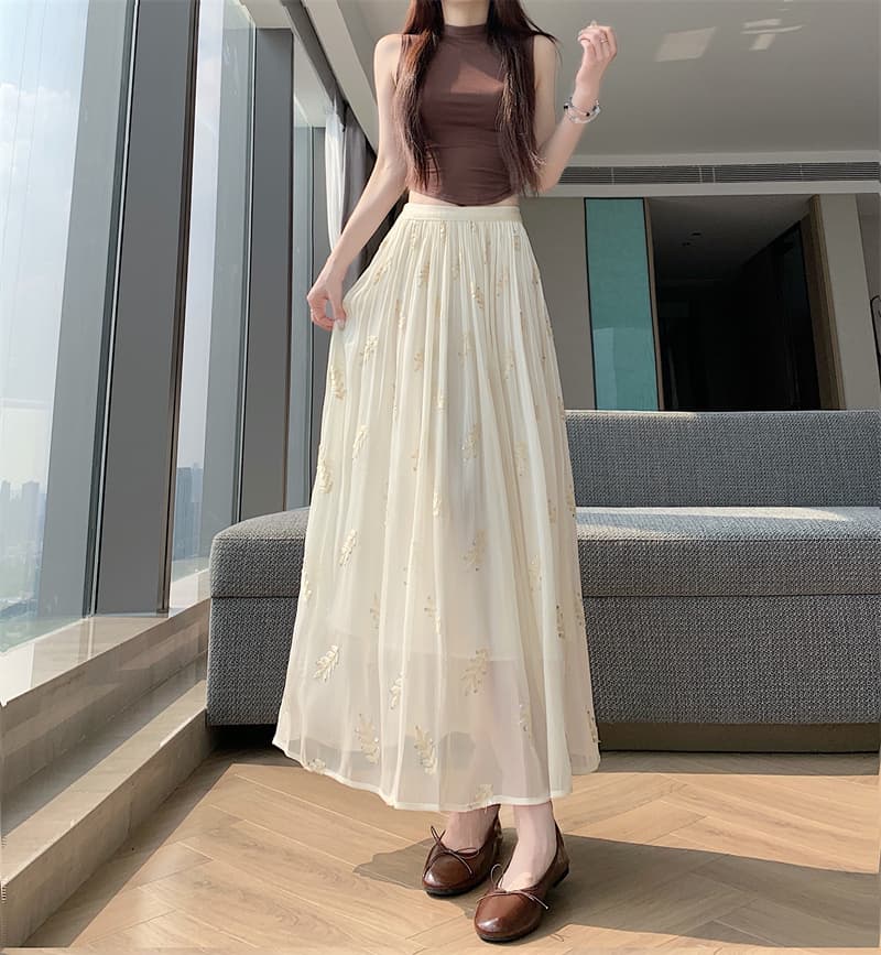 지금 실사 정가 깃발 실 자수 플리츠 반신 스커트 슬림해 보이는 표지 넓적 다리 한 마디 우산 치마 도루 센스 큰 진자 롱 스커트 상세 이미지 37