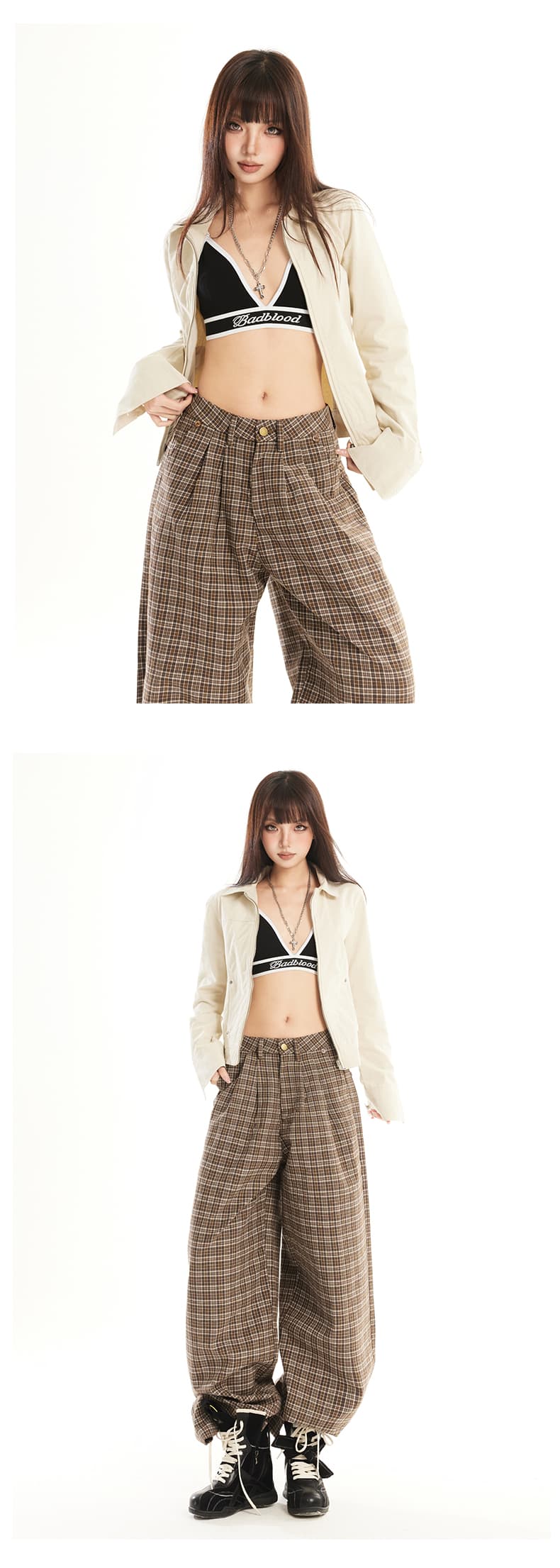 브라운 체크무늬 캐주얼 와이드 레깅스 바지 봄 가을 새로운 레트로 영국식 바람 도루 센스 루즈핏 슬림해 보이는 바닥 청소 바지 남자 트렌디 상세 이미지 9