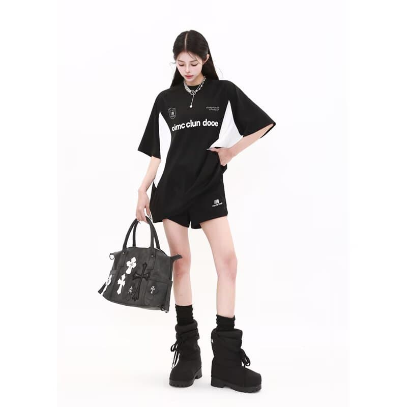 아메리칸 레트로 저지 바람 반팔 t 셔츠 여성 여름 루즈핏 배색 패치워크 중간 길이 언더 의류 운동 맨위 이미지 2