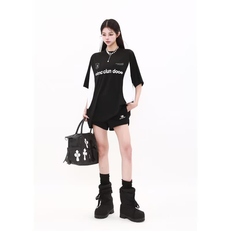 아메리칸 레트로 저지 바람 반팔 t 셔츠 여성 여름 루즈핏 배색 패치워크 중간 길이 언더 의류 운동 맨위 이미지 3