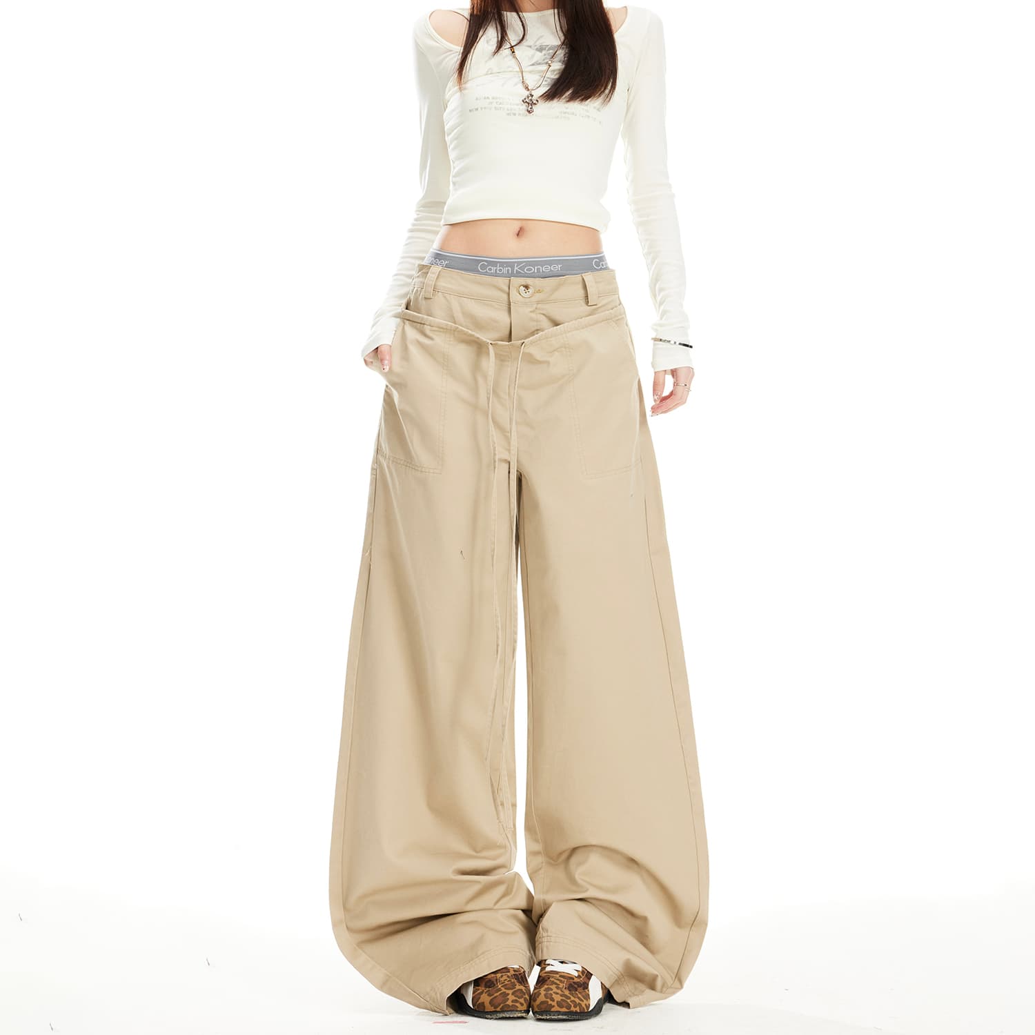 아메리칸 레트로 더블 허리 머리 패치워크 디자인 센스 캐주얼 바지 남녀 봄 여름 새로운 루즈핏 순면 캐주얼 와이드 레그 팬츠 이미지 3