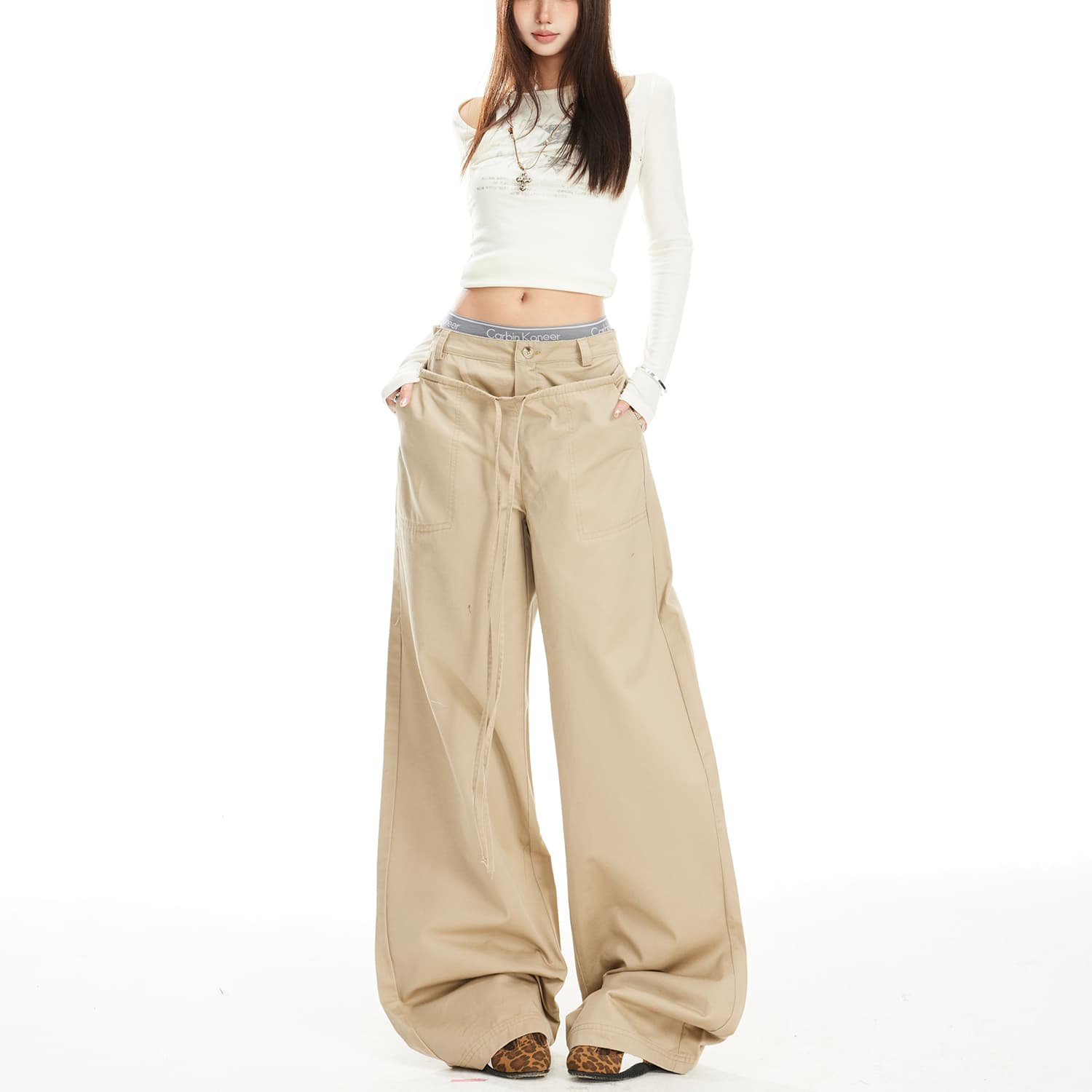 아메리칸 레트로 더블 허리 머리 패치워크 디자인 센스 캐주얼 바지 남녀 봄 여름 새로운 루즈핏 순면 캐주얼 와이드 레그 팬츠 상세 이미지 15
