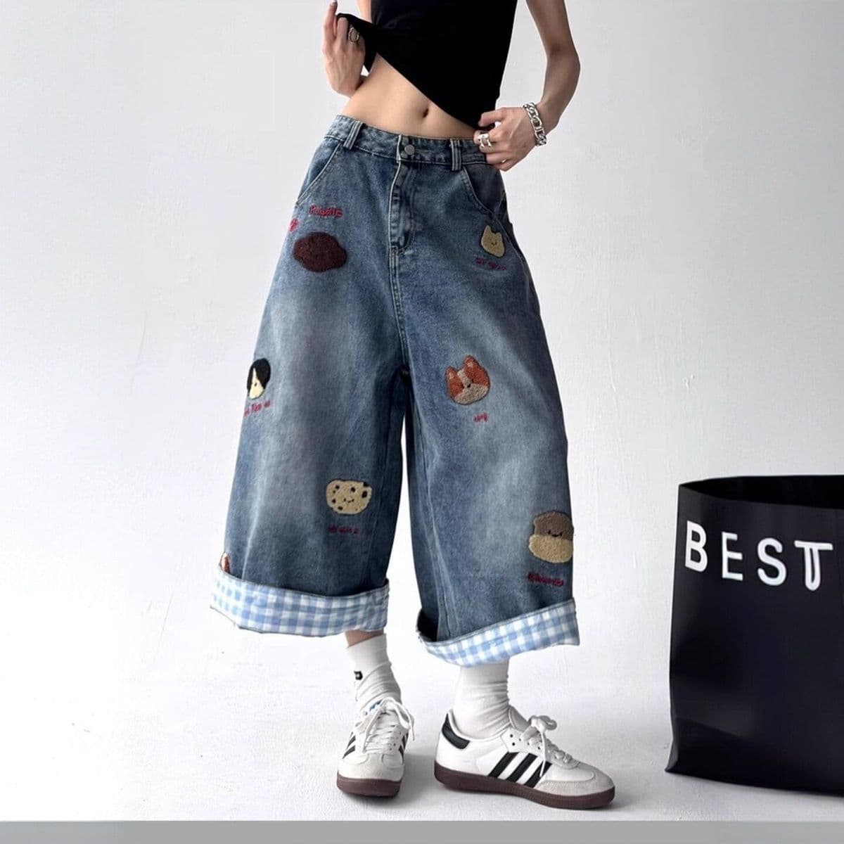 아메리칸 워싱 마 오래된 강아지 자수 데님 7부 바지 남녀 봄 여름 트렌드 레트로 루즈핏 넓은 다리가 짧다. 바지