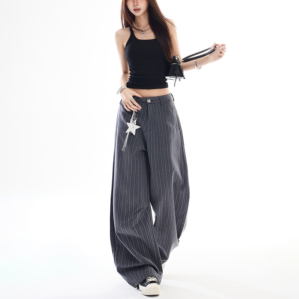 스트라이프 정장 와이드 레깅스 바지 가을 중성 디자인 센스 루즈핏 바람 캐주얼 다용도 프로필 모양 모통이 칼 남자 바지 트렌디