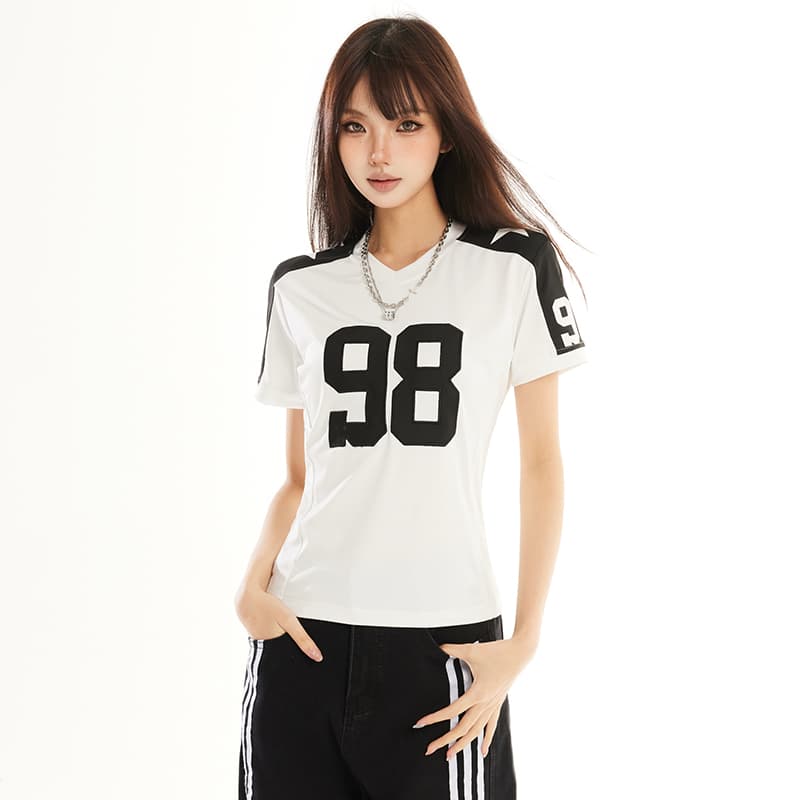 아메리칸 레트로 배색 저지 바람 숫자 프린트 반팔 티셔츠 여성 V넥 몸매 가꾸기 다용도 슬림해 보이는 핫걸 트렌디 맨위 이미지 2