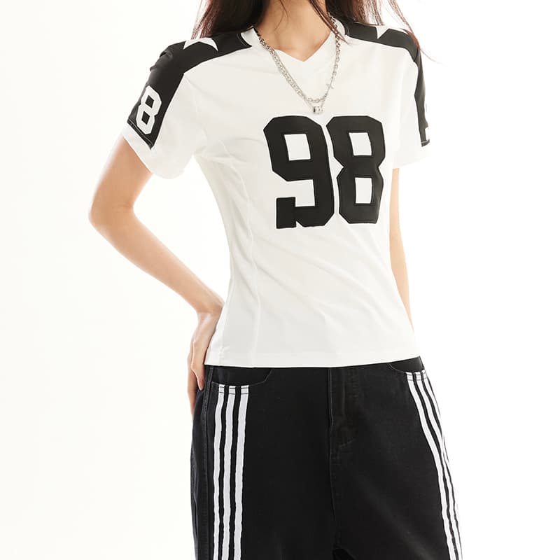아메리칸 레트로 배색 저지 바람 숫자 프린트 반팔 티셔츠 여성 V넥 몸매 가꾸기 다용도 슬림해 보이는 핫걸 트렌디 맨위 이미지 4