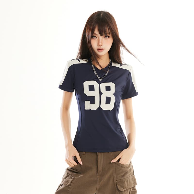 아메리칸 레트로 배색 저지 바람 숫자 프린트 반팔 티셔츠 여성 V넥 몸매 가꾸기 다용도 슬림해 보이는 핫걸 트렌디 맨위
