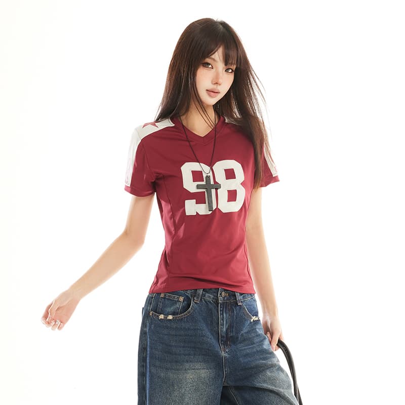 아메리칸 레트로 배색 저지 바람 숫자 프린트 반팔 티셔츠 여성 V넥 몸매 가꾸기 다용도 슬림해 보이는 핫걸 트렌디 맨위 이미지 3
