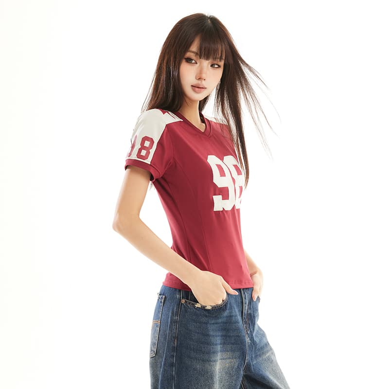 아메리칸 레트로 배색 저지 바람 숫자 프린트 반팔 티셔츠 여성 V넥 몸매 가꾸기 다용도 슬림해 보이는 핫걸 트렌디 맨위 이미지 5
