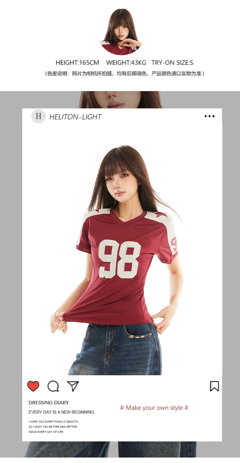 아메리칸 레트로 배색 저지 바람 숫자 프린트 반팔 티셔츠 여성 V넥 몸매 가꾸기 다용도 슬림해 보이는 핫걸 트렌디 맨위 상세 이미지 1