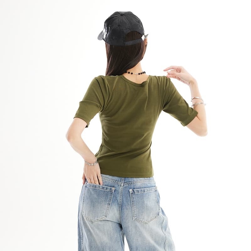 미니멀리즘 봄 여름 반팔 티셔츠 여성 긍정적 인 어깨 라운드 넥 몸매 가꾸기 슬림해 보이는 순면 만나는 동정 다용도 출퇴근 맨위 여성 이미지 4