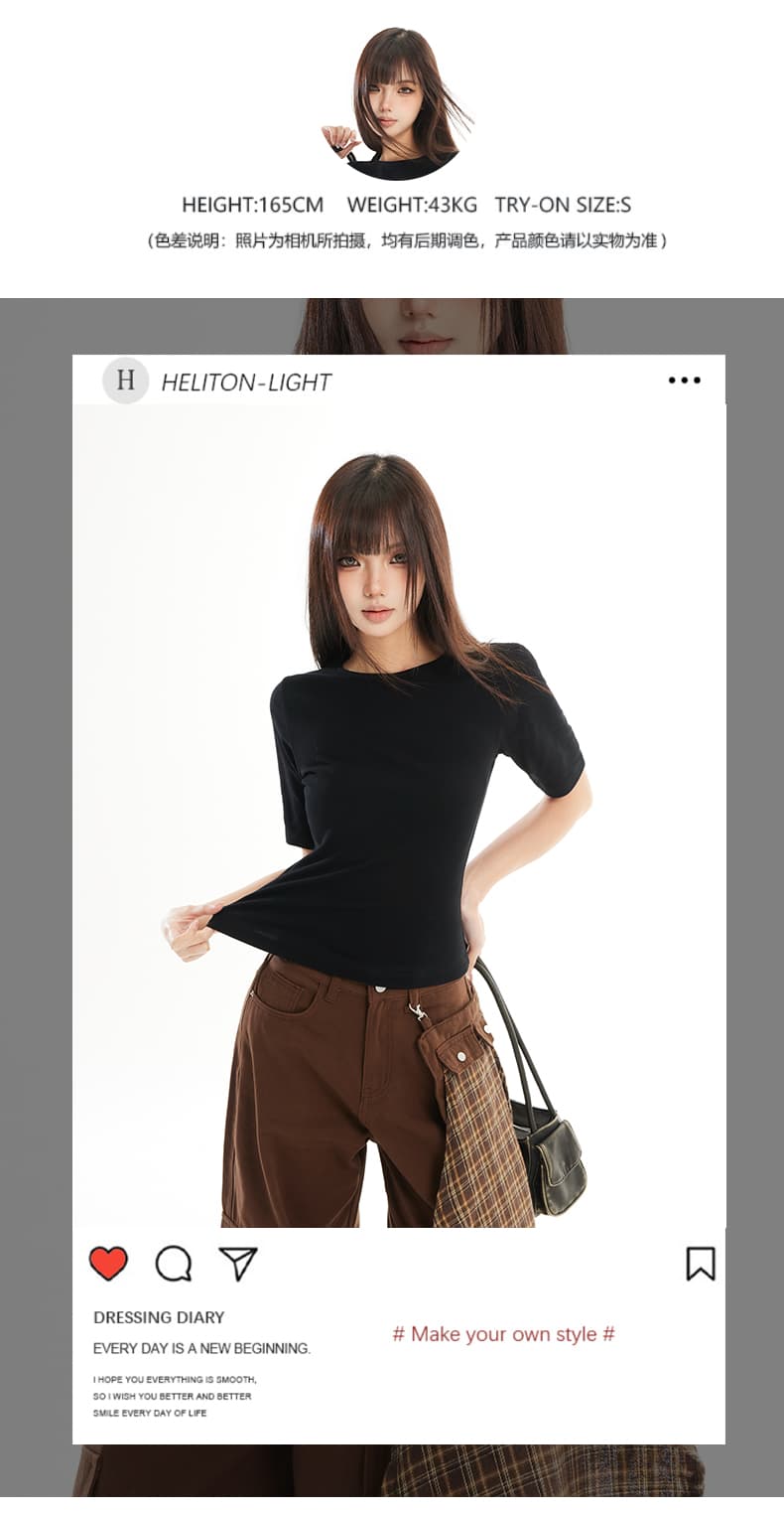 미니멀리즘 봄 여름 반팔 티셔츠 여성 긍정적 인 어깨 라운드 넥 몸매 가꾸기 슬림해 보이는 순면 만나는 동정 다용도 출퇴근 맨위 여성 상세 이미지 1