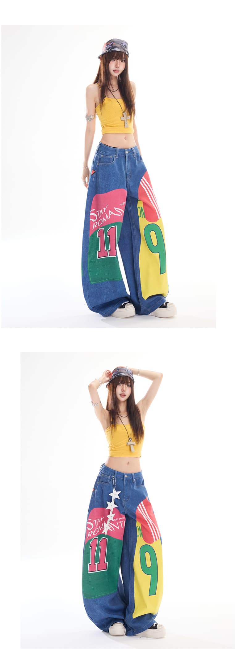 아메리칸 레트로 워싱 얇고 가벼운 캐주얼 청바지 남자 패션 도파민 패치 알파벳 넓은 에디션 루즈핏 스트레이트 팬츠 상세 이미지 10