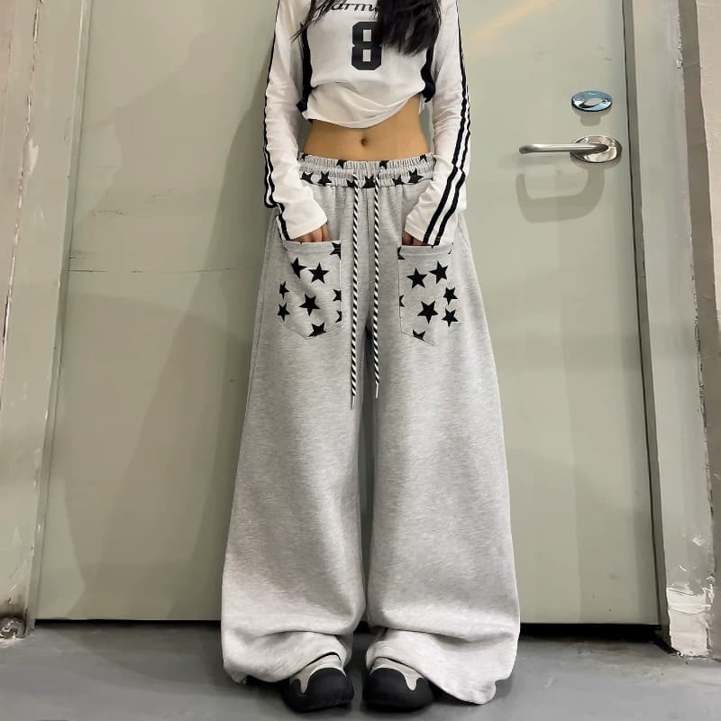 아메리칸 커플 거리 별 주머니 재즈 캐주얼 웨이 바지 남녀 루즈핏 운동 바지 도루 센스 넓은 다리 길이 바지 상세 이미지 1