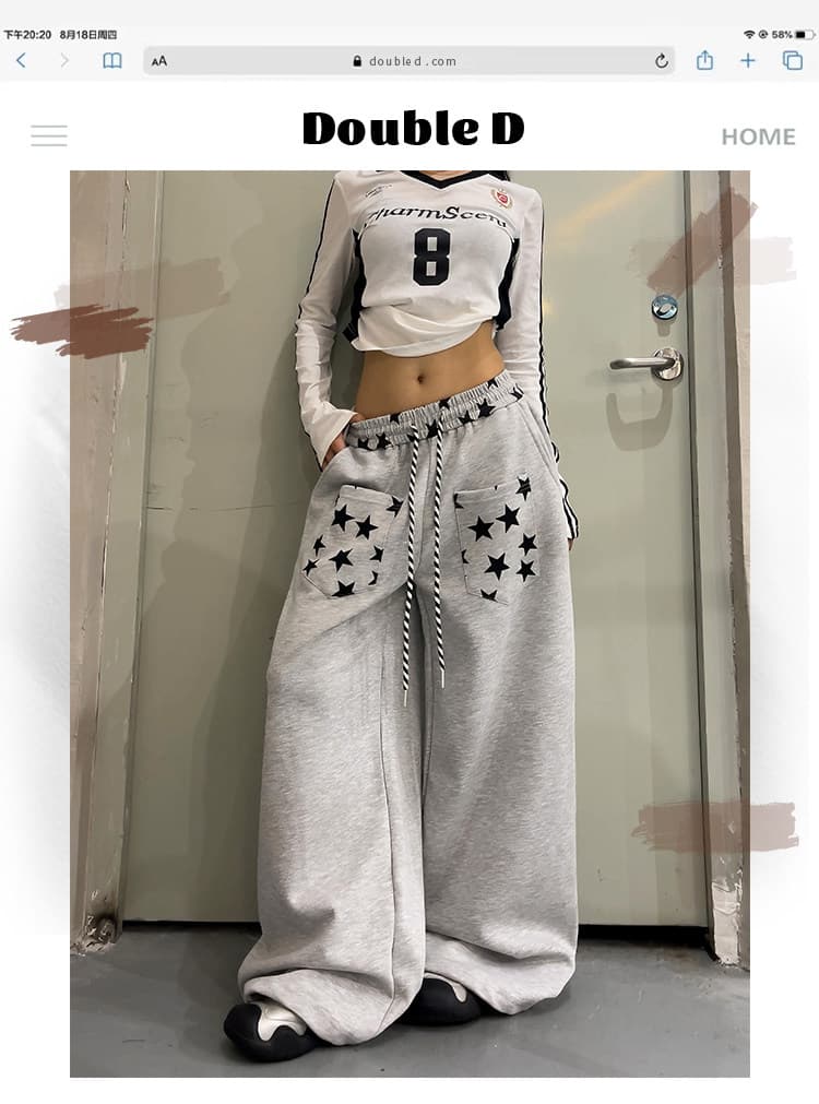 아메리칸 커플 거리 별 주머니 재즈 캐주얼 웨이 바지 남녀 루즈핏 운동 바지 도루 센스 넓은 다리 길이 바지 상세 이미지 4