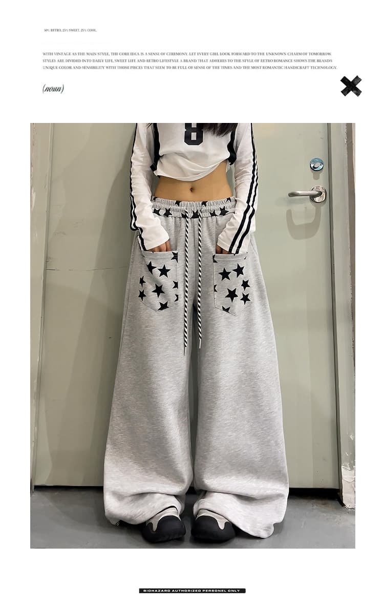 아메리칸 커플 거리 별 주머니 재즈 캐주얼 웨이 바지 남녀 루즈핏 운동 바지 도루 센스 넓은 다리 길이 바지 상세 이미지 5
