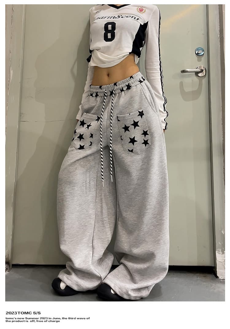 아메리칸 커플 거리 별 주머니 재즈 캐주얼 웨이 바지 남녀 루즈핏 운동 바지 도루 센스 넓은 다리 길이 바지 상세 이미지 7
