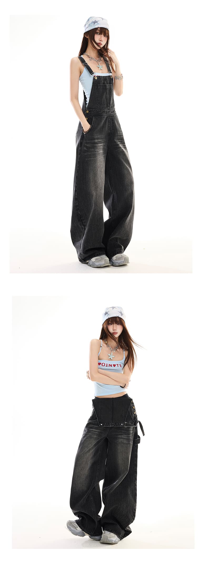 레트로 워크웨어 바람 기타 주머니 워싱 올인원 데님 멜빵 바지 남녀 루즈핏 슬림해 보이는 패션 커플 다리 바지 상세 이미지 15