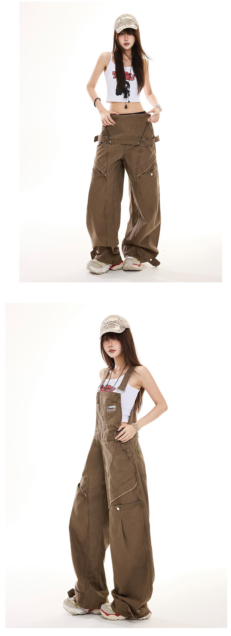 레트로 워크웨어 바람 기타 주머니 워싱 올인원 데님 멜빵 바지 남녀 루즈핏 슬림해 보이는 패션 다용도 와이드 레그 팬츠 상세 이미지 7