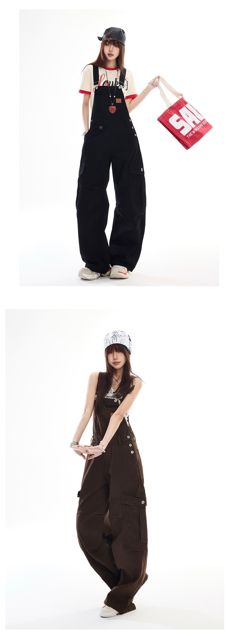 레트로 워크웨어 바람 기타 주머니 워싱 올인원 데님 멜빵 바지 남녀 루즈핏 슬림해 보이는 패션 다용도 와이드 레그 팬츠 상세 이미지 8