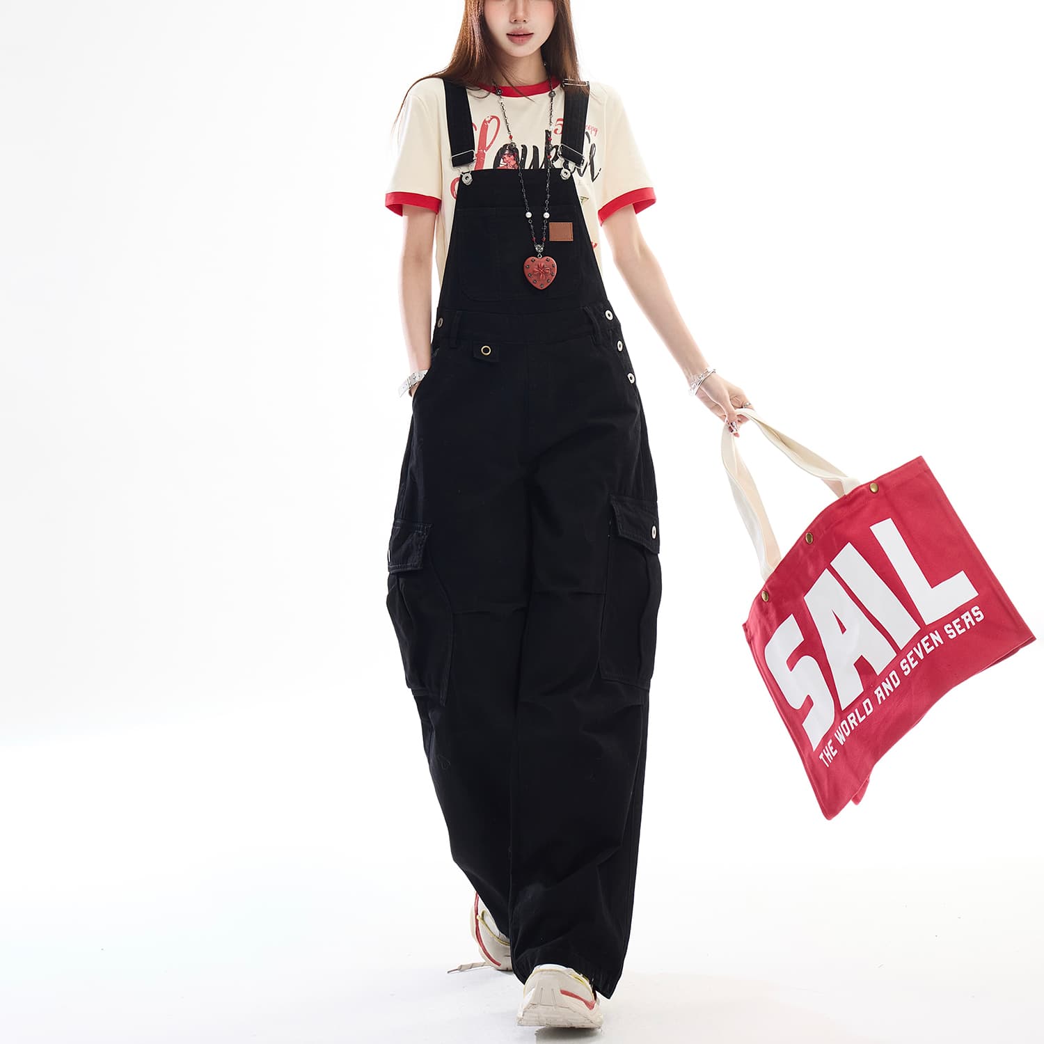 레트로 워크웨어 바람 기타 주머니 워싱 올인원 데님 멜빵 바지 남녀 루즈핏 슬림해 보이는 패션 다용도 와이드 레그 팬츠 이미지 5